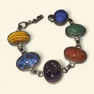 Vintage Egyptian Revival Multi Gemstone Scarab Bracelet